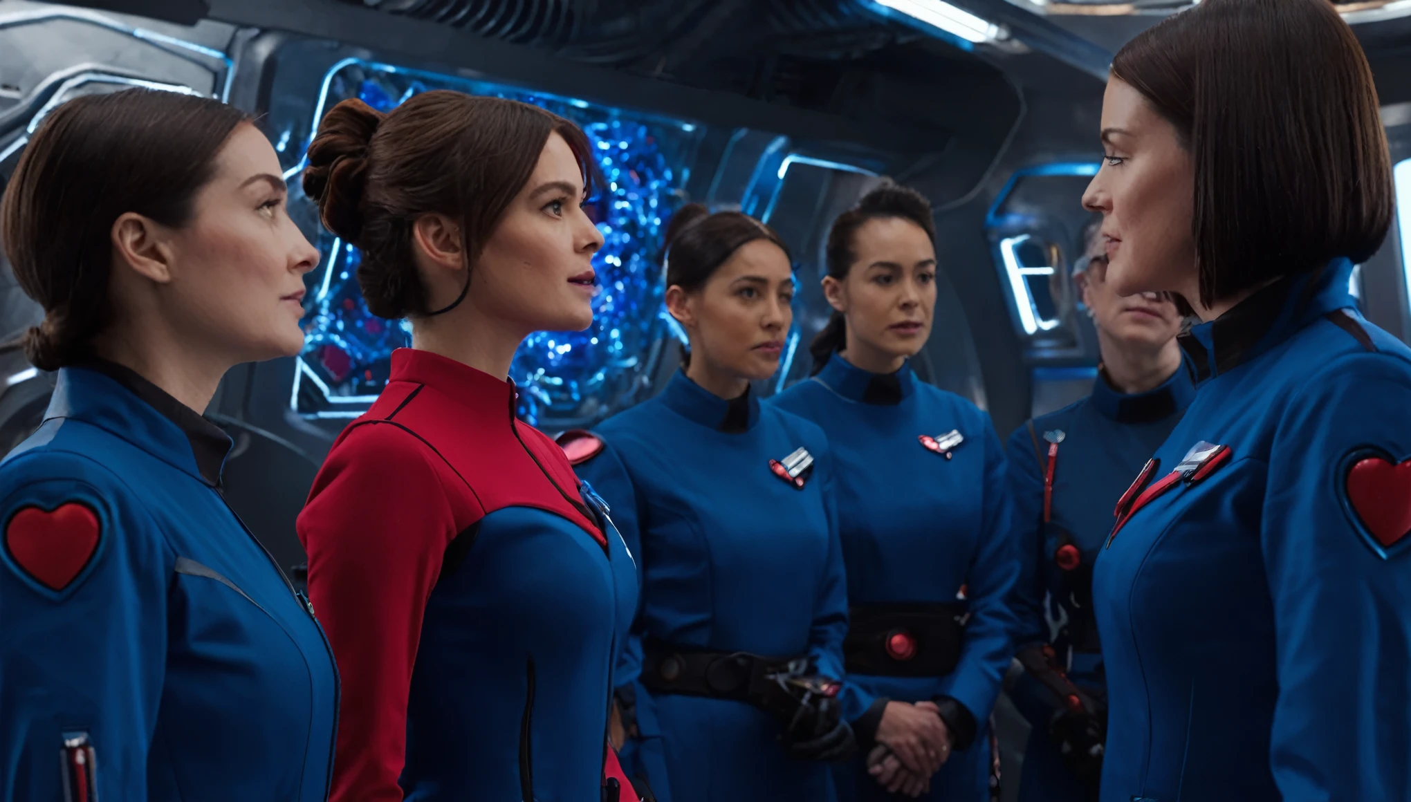 "Fast forward to the afternoonin space and time, where the female brunet androidin wear cyber sci-fi red and blue uniform  is seen interacting with other characters—scientists and caretakers—discussing the growth and health of the red heart shape flowers. The scene includes various camera angles and close-ups of the team’s interaction."