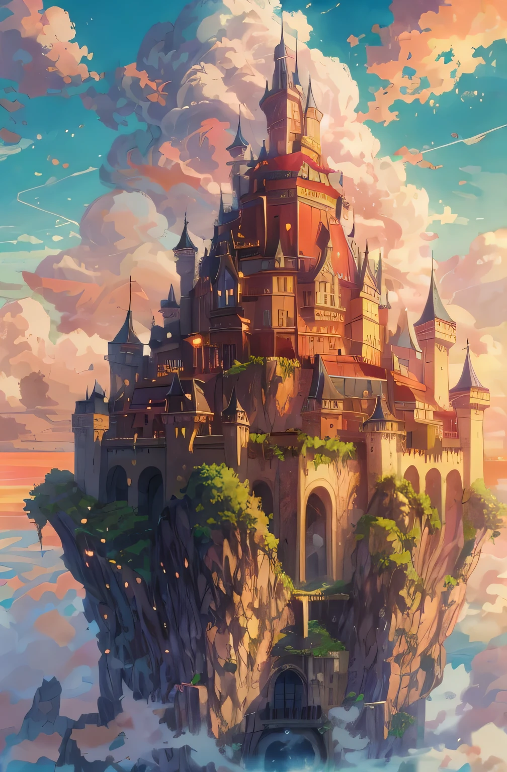 Anime castle floating in the sky against the background of the setting sun, Flying Cloud Castle, floating palace in the sky, Giant floating castle, Castle in the Sky, Castle in the Sky style, Flying Castle, Floating palace, Cloud Palace, abandoned Castle in the Sky, Beautifully detailed fantasy, Fantasy Castle, high Fantasy Castle, Palace on the Water