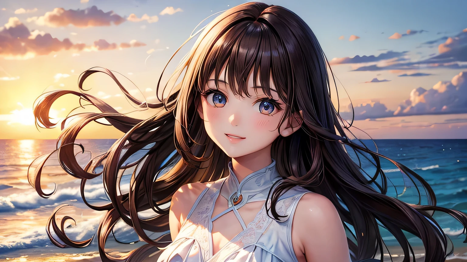 Beautiful woman 1.3, Beautiful brown hair: 1.2, , Ocean shore in the evening: 1.2,beach: 1.1, Ultra-high resolution, Accurate, Super detailed, Textured skin, High detail, highest quality, 8k,Thin bangs,Upper Body,Well-drawn eyes, Focus on the face,White sleeveless dress,Detailed hair depiction,Detailed depiction of eyes、Detailed depiction of hair、Sunset、Wave、Ocean、Upper Body、smile