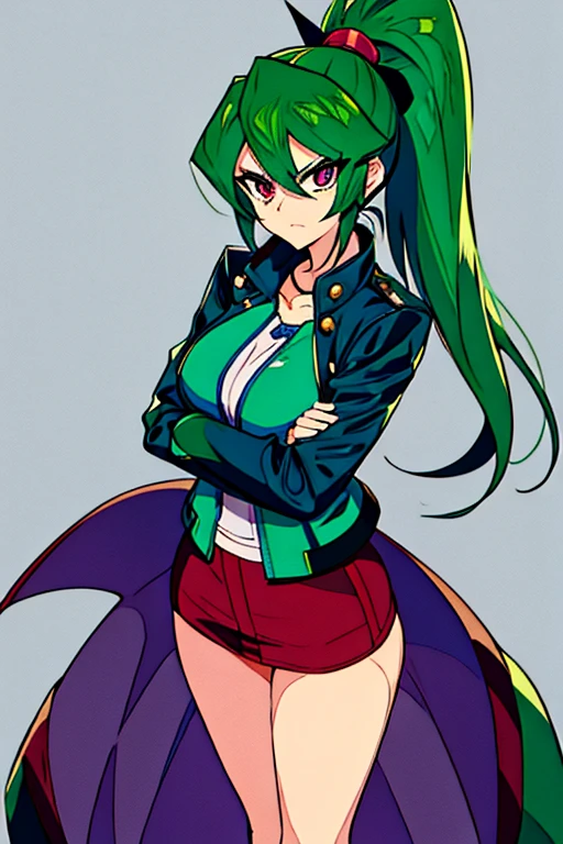 Yu-Gi-Oh、JK、Green Hair、ponytail、Height 156cm、C Cup、Leather jacket、Arms crossed、one person、Sad