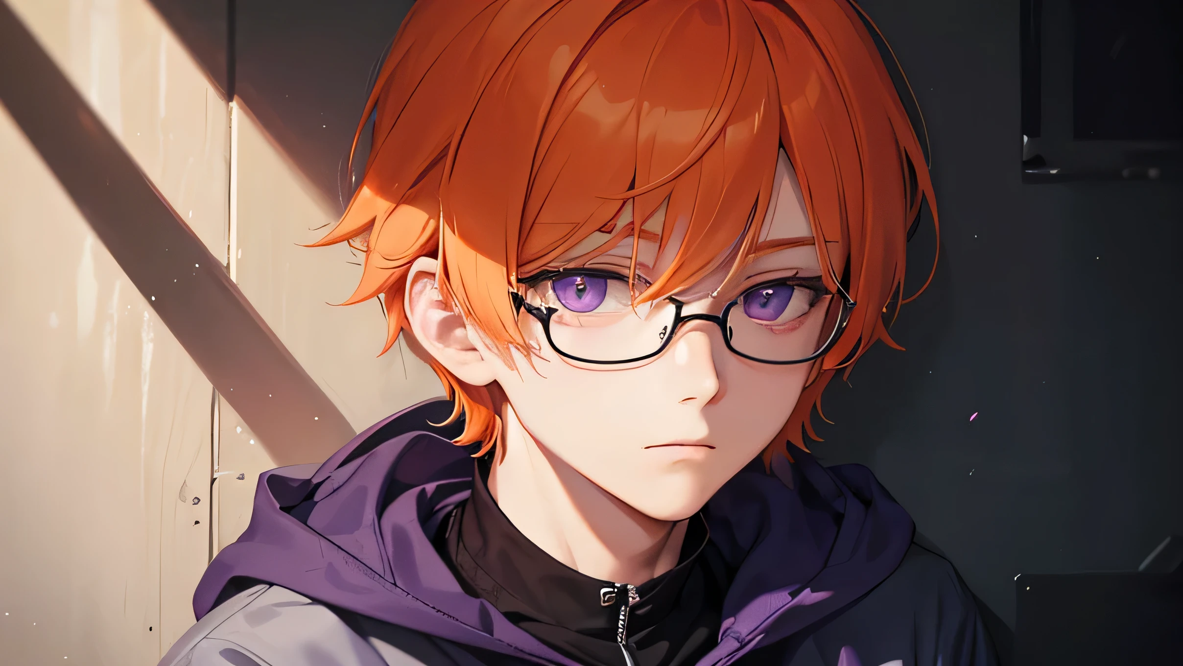 a close up person, a genius orange-haired boy with a gloomy face without a pale expression in a shabwearing glasses and jacket sitting in the corner of the wall, looking up with a dead gaze looking at the point view but his purple eyes are covered by his hair, sunlight shines in from the side darken the other side