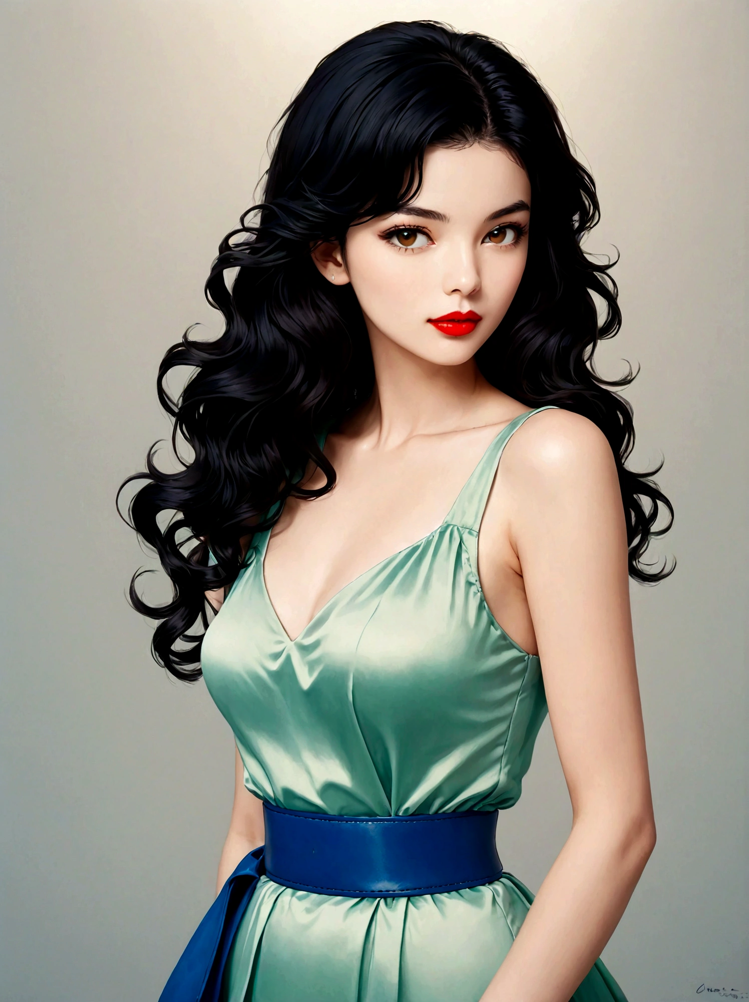 1 girl,Green Dress,Blue belt around waist,Red lips,Black Hair,breast,clavicle,Akimbo,Long hair,solo,Wavy hair,