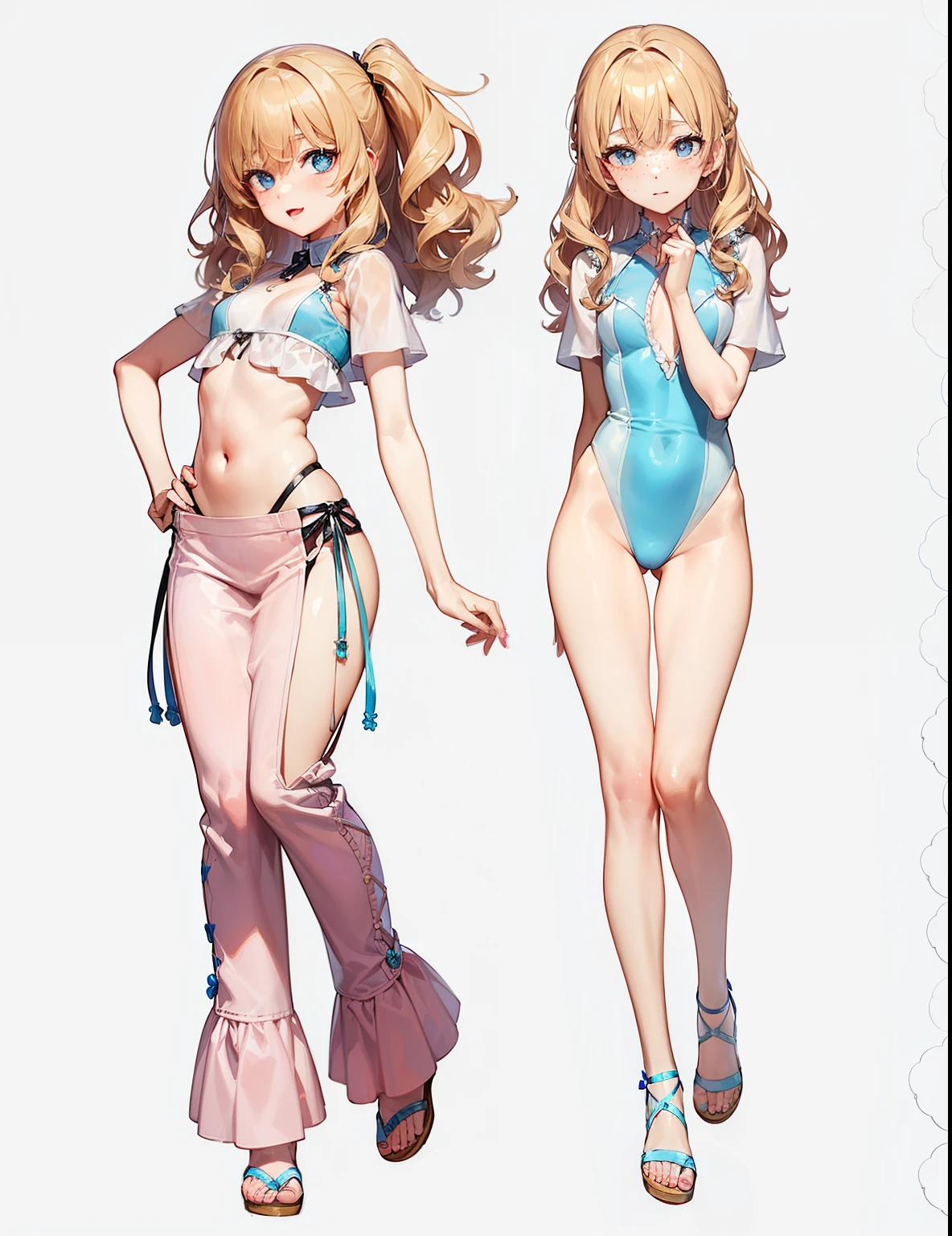 Dynamic posing, dynamic angle, Arrange pose,Top quality work,Show Legs,sexy, ((wavy hair, pale skin, long light ginger hair),((light blue eyes)), freckles, , Rose cheeks, Pretty cute Face, A perfectly proportioned face,full-body view, amazing, small round chest、Beautiful eye details、Beautiful eyelashes、beautiful double eyelid, with blush cheeks,