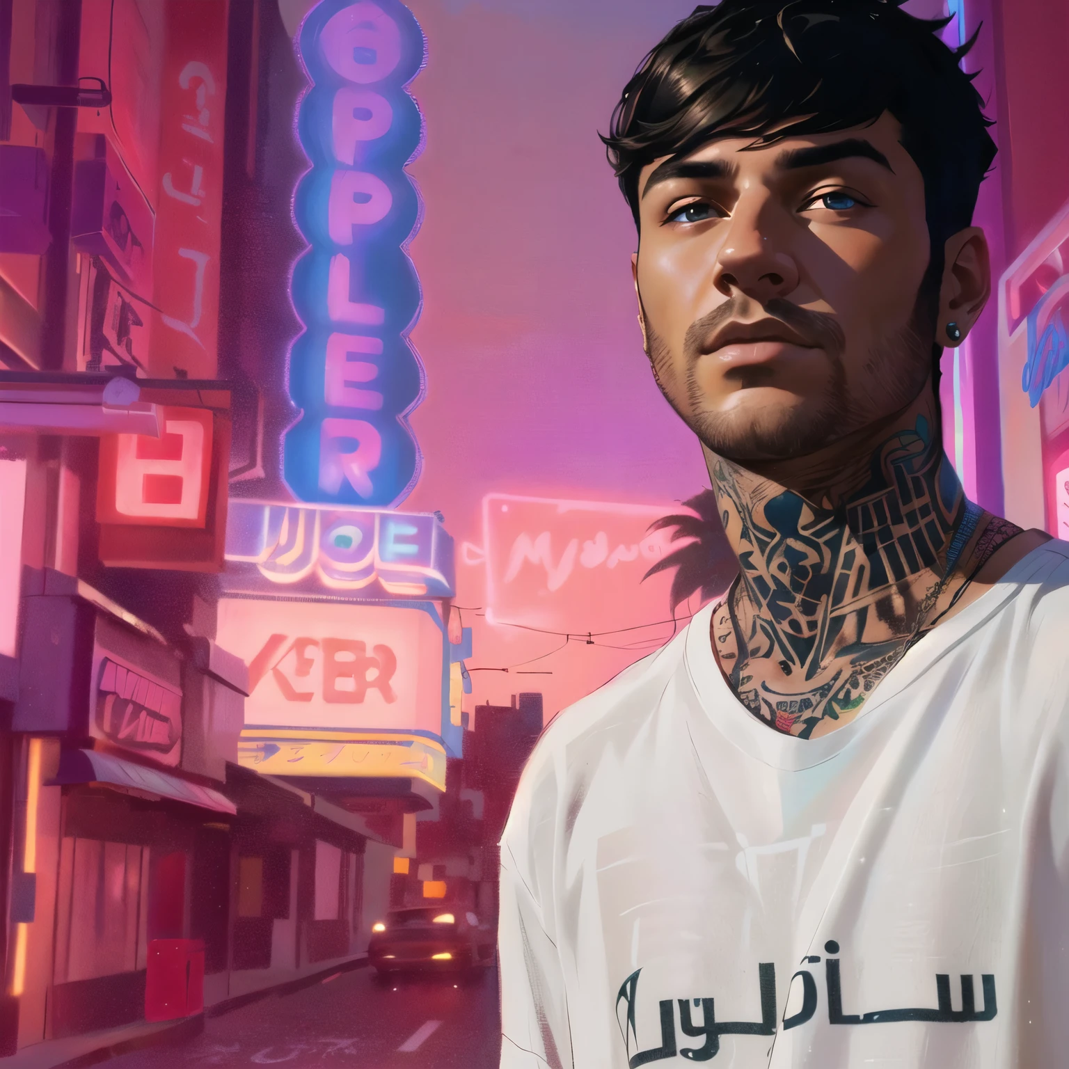 Arafed man with tattoos and a white shirt standing in front of a neon sign, hyperrealism artistic style, Hiperrealismo, realism artistic style, Hiperrealismo, hyperrealism, Hiperrealismo aesthetic, , en un estilo de hiperrealismo, Hiper - realismo, Hiperrealismo