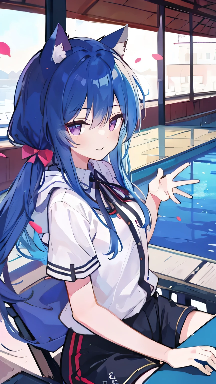 (masterpiece:1.2),Super detailed,lifelike,Expressive eyes,fair skin,perfect face shape,1 girl,
Japanese comics,Gorgeous blue hair,flowing blue hair,flowing clothes,Cat ears,Petals fall,beautiful lola,Baby Angel,
Shaking head with one hand,Cross your legs,Gentle and peaceful background,The pavilion is cool and comfortable,smile, wearing hoodie, background of tokyo,back views,snowing, winter,lie on the water. (Best Quality: 1.3), (Masterpiece: 1.3), (Illustration: 1.3), (Ultra Detailed: 1.3), (Imide Lens: 0.9), 1girl, Medium Breasts, Purple Eyes, ((Dark Blue Hair) ), hair accessories, young, clothing-gladiia, long hair, dark blue hair, indoors, black shorts, high socks, low ponytail, expressionless, upper body, close-up, coat, skirt,