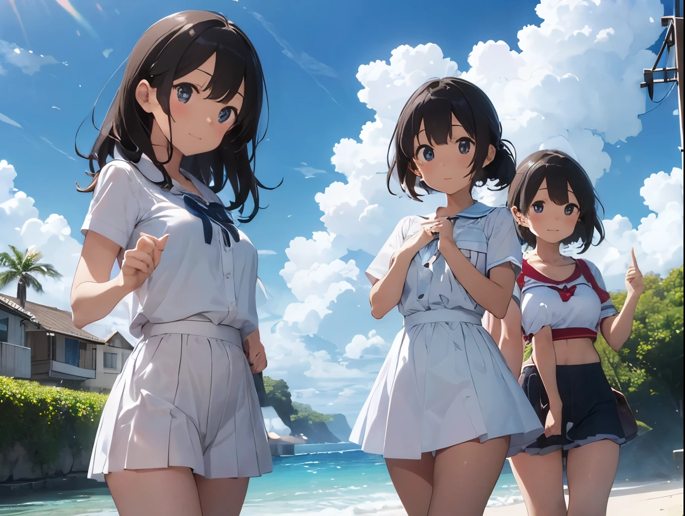 ((Highest quality)), ((masterpiece)), (detailed),Perfect Face,Strong light from the front,With front light,A group of fully nude elementary school students kneeling by the water, stretching their backs, spreading their legs and showing a close-up of their crotches to the camera.,