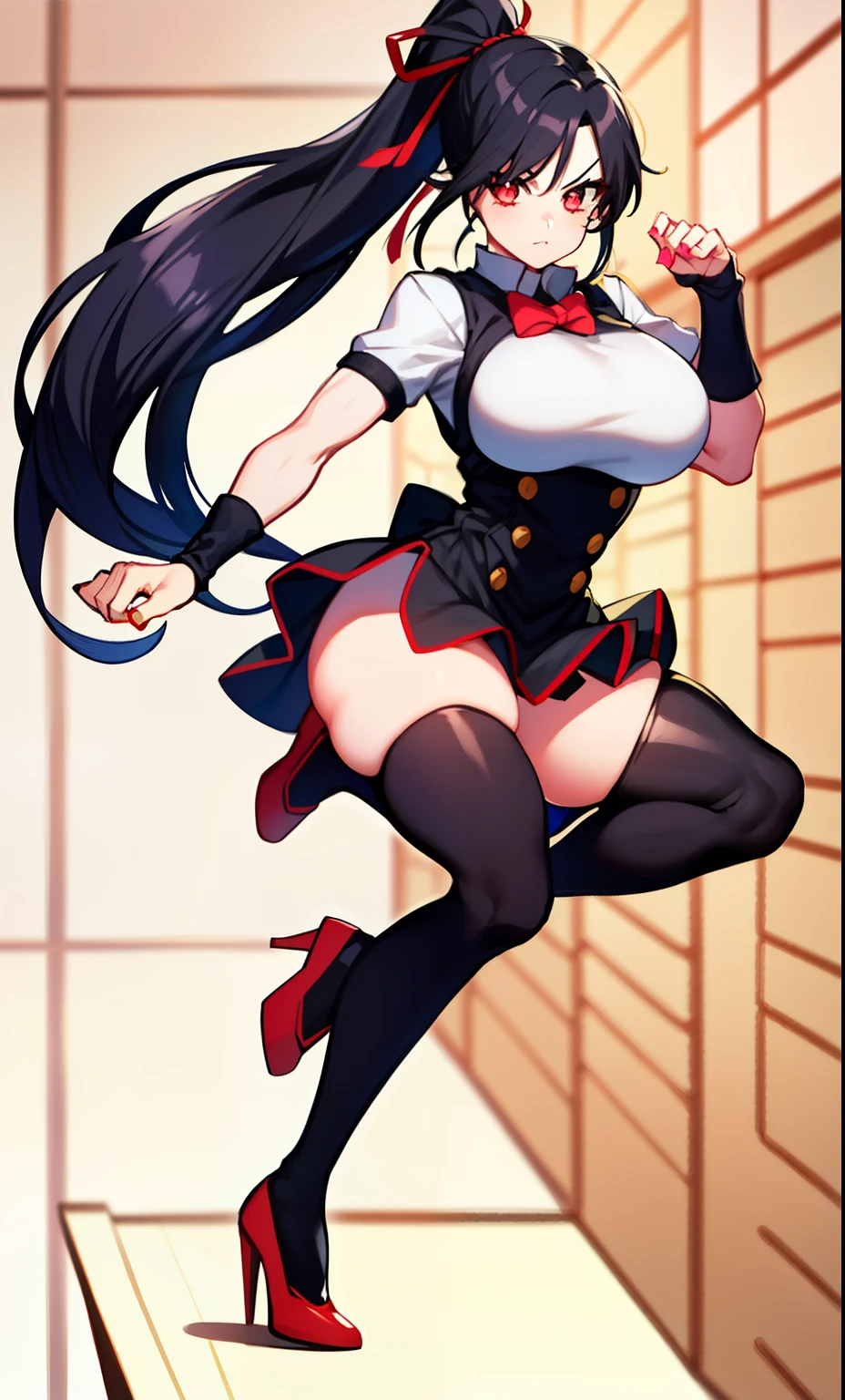 Jojo、Black Hair、ponytail、Girl、Big Breasts、Beautiful feet、bow、Red Eye、Thigh-high socks、High heels、stand