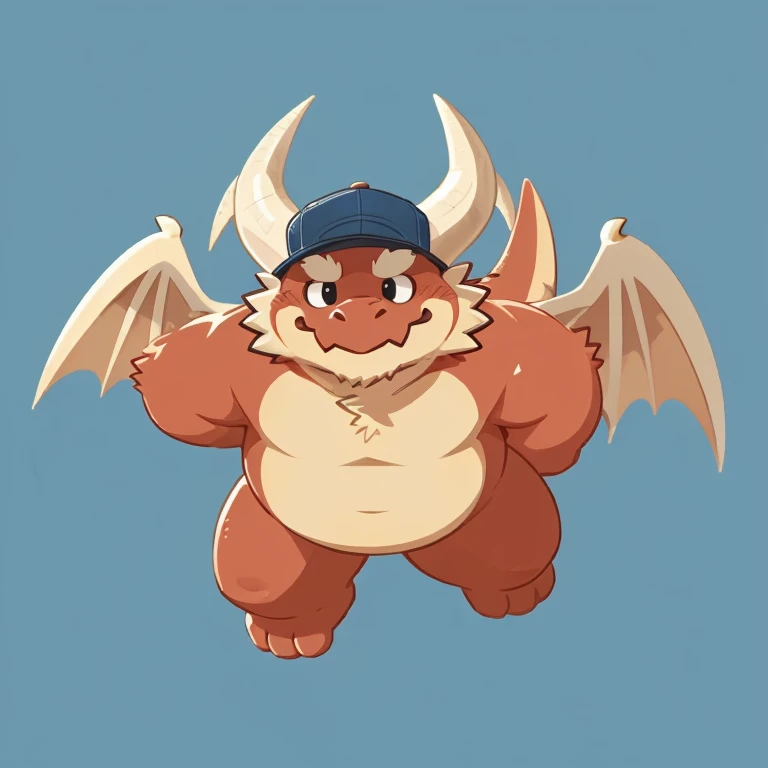 solo, dragon face,Cute face,Humanity(dragon), (cap, flying) ,(Sideways, sidled), Chubby,(white eyebrows:1.1),(perfect black eyes),Simple background, Blue Background,print style。(Artist:Takemoto Arashi
