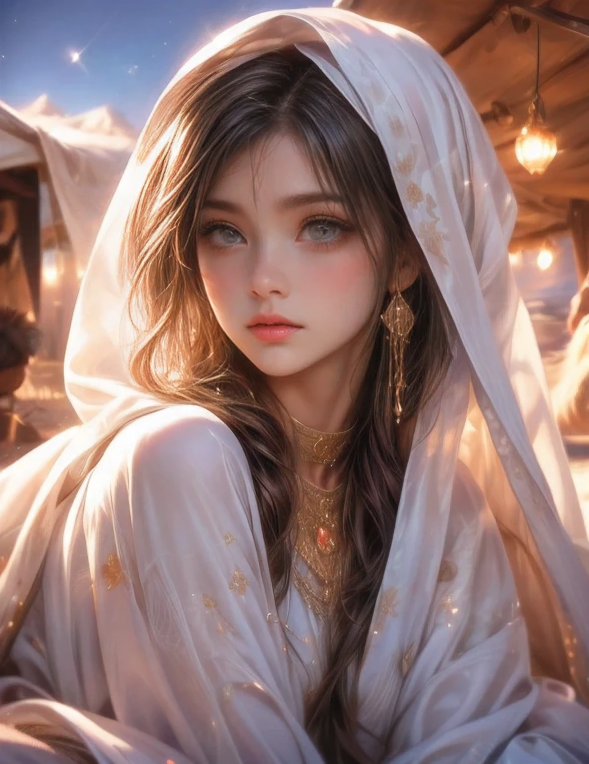 Fantasic Illustration, Masterpiece: 1.2, Highest Quality, Highres, 16k, Beautiful Detailed, Ultra-Realistic, Photo Realistic: 1.37, Beautiful cute girl in a caravan in the moonlit desert, growing eyes, shining pupils, blushed cheek, shiny rosy lips, wearing white hooded robe, delicate beautiful (hair, face, eyes, pupils, long eyelash, desert), middle-breasts, Arabian Nights world view,