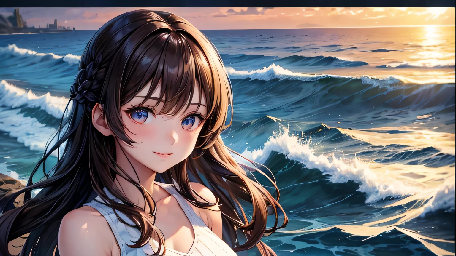 Beautiful woman 1.3, Beautiful brown hair: 1.2, , Ocean shore in the evening: 1.2,beach: 1.1, Ultra-high resolution, Accurate, Super detailed, Textured skin, High detail, highest quality, 8k,Thin bangs,Upper Body,Well-drawn eyes, Focus on the face,White cross strap tank top dress,Detailed hair depiction,Detailed depiction of eyes、Detailed depiction of hair、Sunset、Wave、Ocean、Upper Body、smile