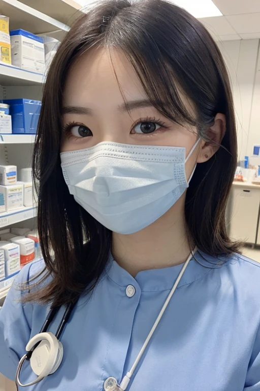 1 korean girl, big breasts, strikingly beautiful, delicate facial features, porcelain skin, expressive eyes, black hair, Create a detailed image showcasing the services and products of DistriNova Med. Include the following elements: Doctors and Medical Professionals: Portray them in a modern medical setting, wearing lab coats, ((blue surgical mask, Cover the nose)), and gloves, smiling and appearing happy with the products. Medical Equipment: Display various high-tech medical devices, such as MRI machines, ultrasound equipment, and surgical tools. Hospital Supplies: Include items like IV bags, syringes, and hospital beds. Pharmacy Products: Show a variety of medications and pharmaceutical products on shelves. Clean and Organized Storage: Depict a well-organized storage area with clearly labeled medical supplies and products. Ensure the image has a professional and clean look, reflecting the quality and safety focus of DistriNova Med. The overall atmosphere should be positive, with smiling and happy medical professionals.