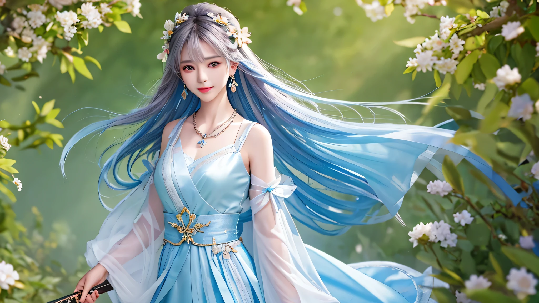 Female swordsman cross-legged on the cliff, v6, necklace, earrings, full body v6, long gray hair, transparent clothes, visible, wonderful, light blue silk ribbon draped over her long flying shoulders in the wind, ultra-high resolution, RAW photo, 1.25 realism), face (lip gloss, long, smooth eyelashes), bright skin, natural shadow, wide light, wide light, depth of field, strong color, delicate corrosiveness: 0.8), smile, (large), v6