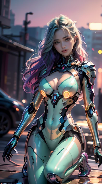 （Real Engine:1.4,Ultra-high resolution,La highest quality:1.4, Realistic:1.4, Skin Texture:1.4, masterpiece:1.8,masterpiece, highest quality）, One girl, Ives Girl, Mecha, Beautiful lighting, (Neon Light: 1.2), (evening: 1.5), "masterpiece, highest quality, 1 Girl, Full body portrait, Sensual pose, ojos greenes, Multicolored Hair+payment:1.3+Rosado:1.3+green:1.3, Sculpted legs and seductive curves, ,Medium milk beautiful milk, Beautiful Face, lots of water droplets, cloud, evening, Open Floor Plan, watercolor, Neon Light:1.2, evening:1.5, Mecha, Beautiful lighting, Bright Neon Light: 1.2, An unforgettable and mysterious night: 1.5",,Beautiful and slender hands、（Big eyes、Well-formed face）smile