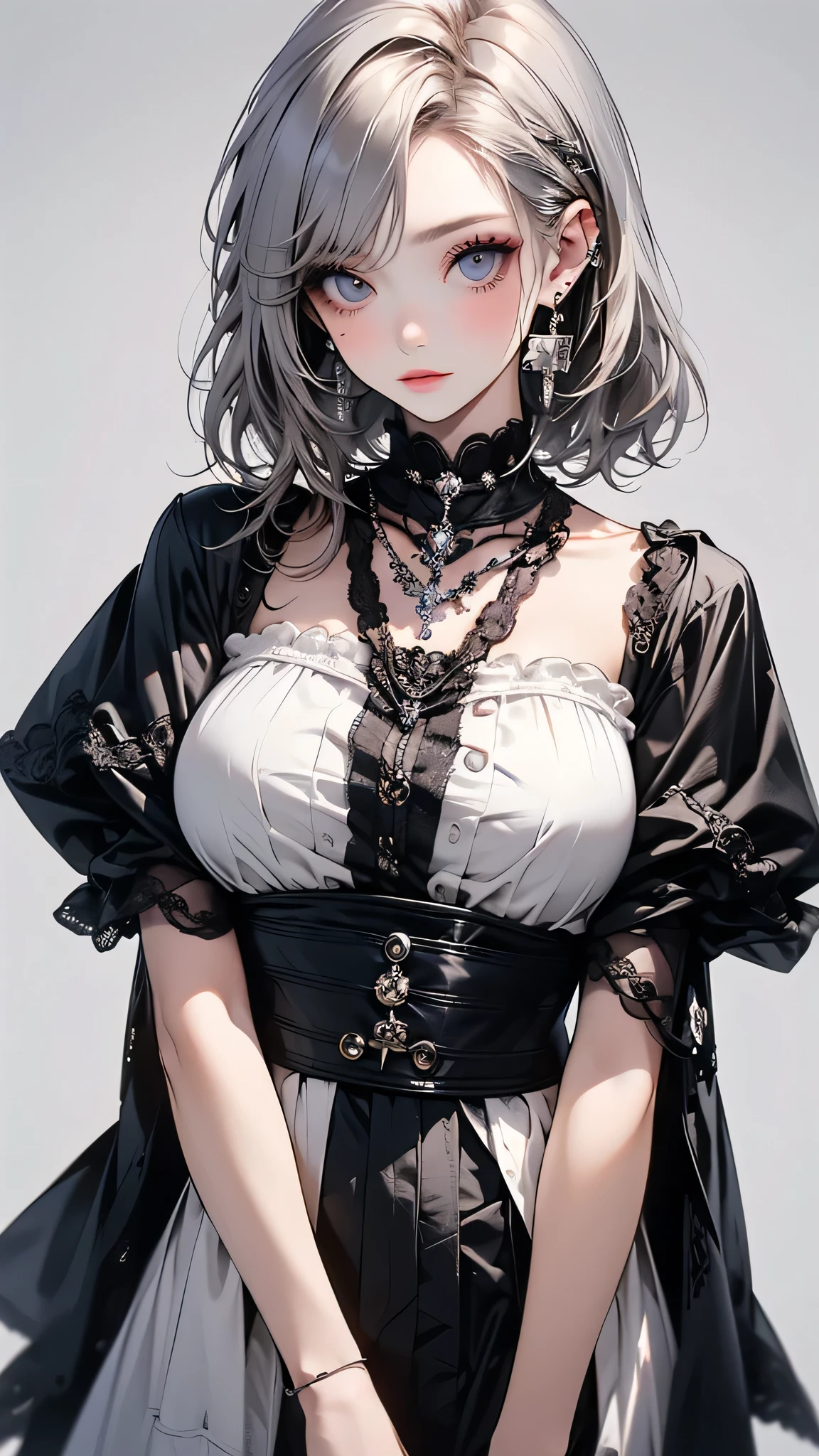 (highest quality, masterpiece), One girl, beautiful girl, Brown_eye, ((hair color [Silver hair], [Pixie cut with front hair] hair)), Earrings, lips, Short sleeve,Realistic, Tight waist, Charm, Colorful Makeup, Long eyelashes, Fair skin, (cute), (Detailed face), Detailed eye, Detailed iris, 