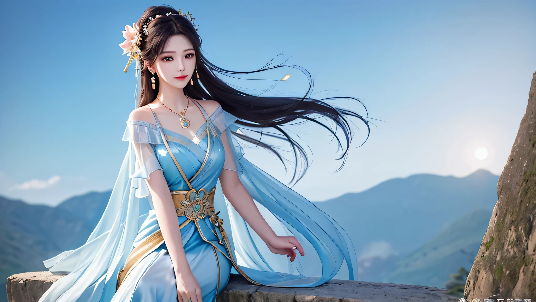 Female swordsman cross-legged on the cliff, v6, necklace, earrings, full body v6, long gray hair, transparent clothes, visible, wonderful, light blue silk ribbon draped over her long flying shoulders in the wind, ultra-high resolution, RAW photo, 1.25 realism), face (lip gloss, long, smooth eyelashes), bright skin, natural shadow, wide light, wide light, depth of field, strong color, delicate corrosiveness: 0.8), smile, (large), v6