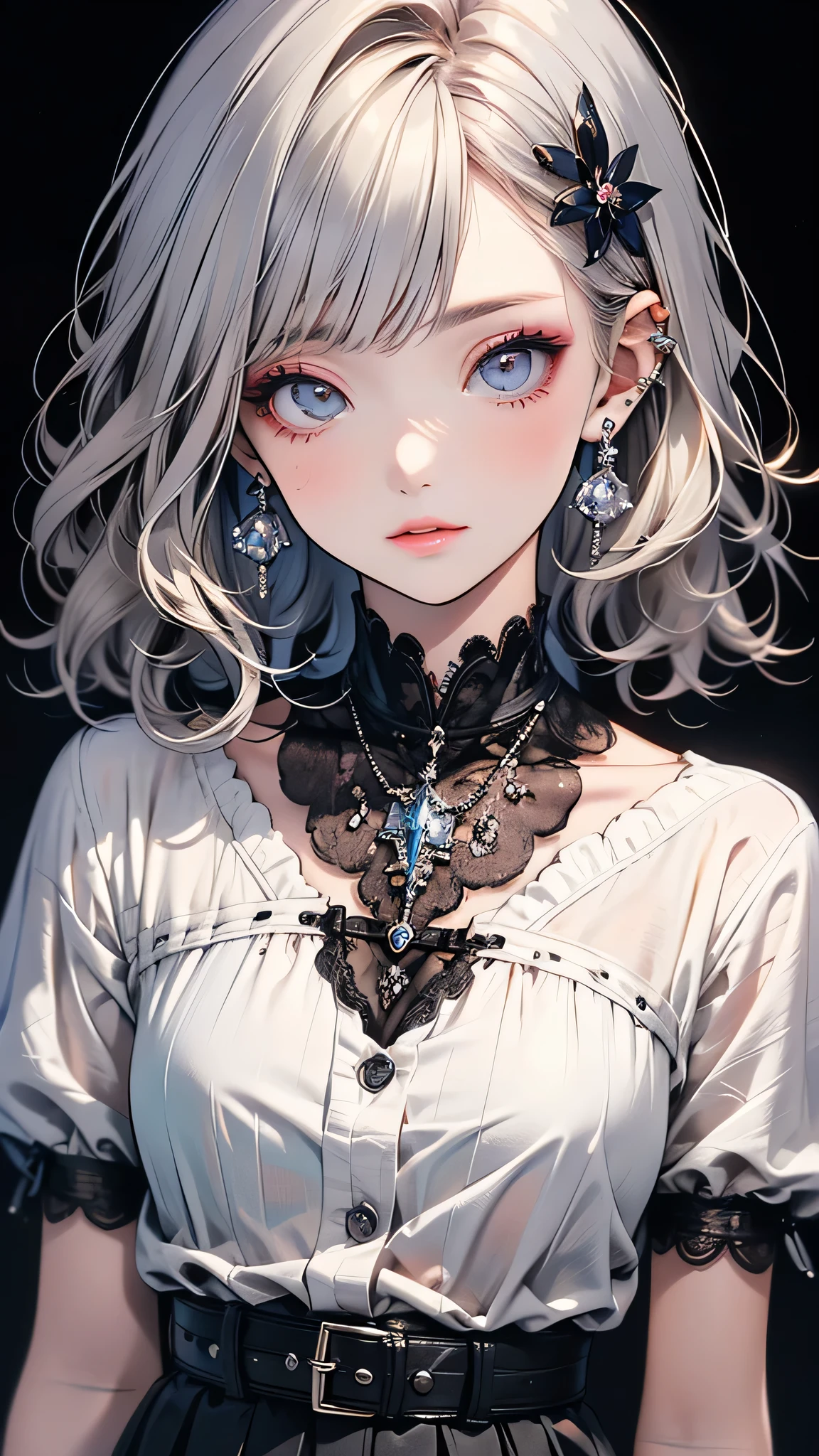 (highest quality, masterpiece), One girl, beautiful girl, Brown_eye, ((hair color [Silver hair], [Pixie cut with front hair] hair)), Earrings, lips, Short sleeve,Realistic, Tight waist, Charm, Colorful Makeup, Long eyelashes, Fair skin, (cute), (Detailed face), Detailed eye, Detailed iris, 