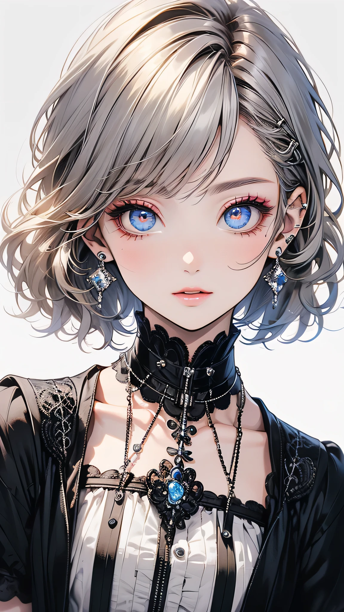 (highest quality, masterpiece), One girl, beautiful girl, Brown_eye, ((hair color [Silver hair], [Pixie cut with front hair] hair)), Earrings, lips, Short sleeve,Realistic, Tight waist, Charm, Colorful Makeup, Long eyelashes, Fair skin, (cute), (Detailed face), Detailed eye, Detailed iris, 