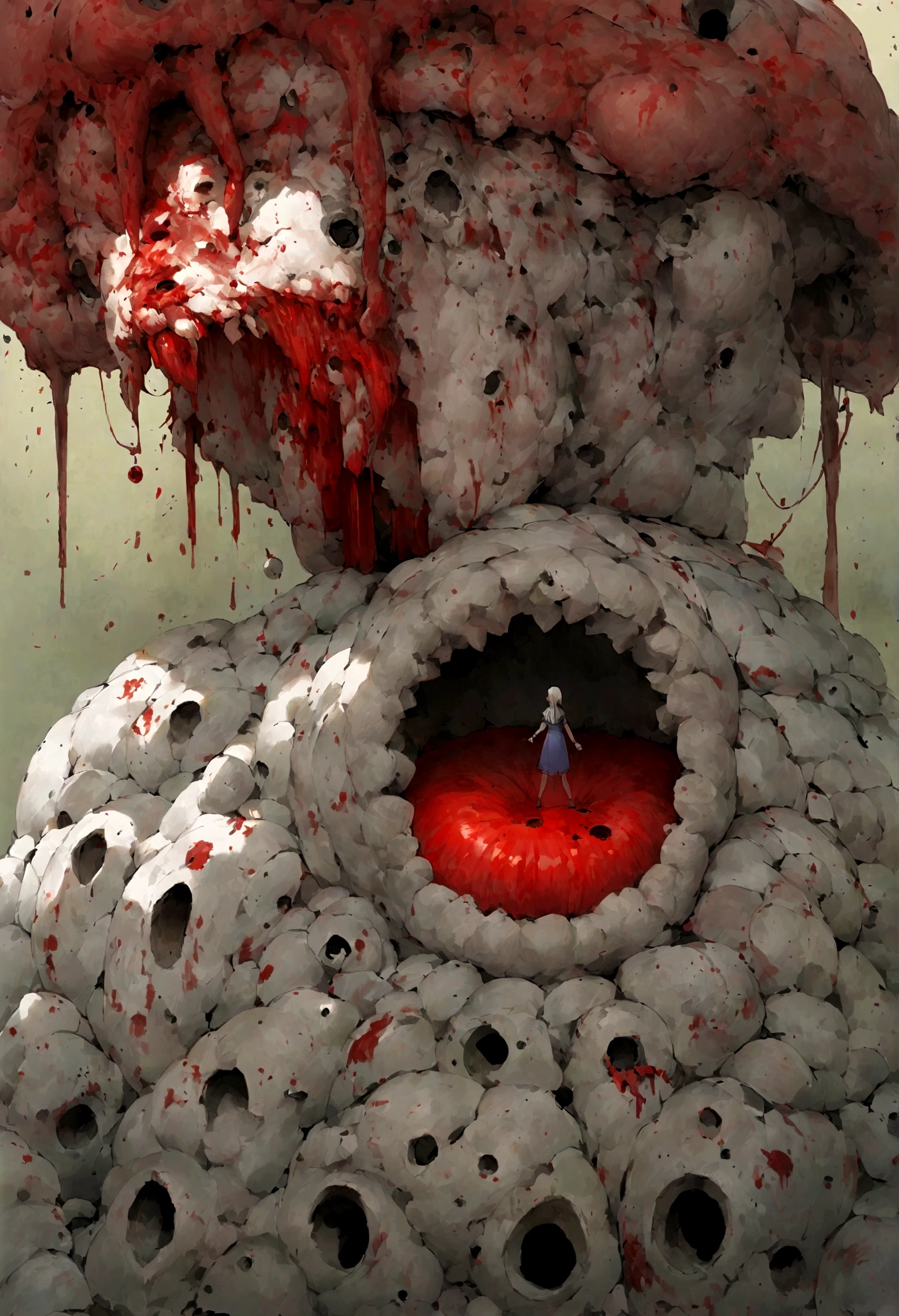 Two teenage girls go upstairs, Wear Chinese embroidered clothing,Extensive ulcers on the girl's skin,Blood donation oozes out,Seven hole bleeding,There are maggots crawling on my body.