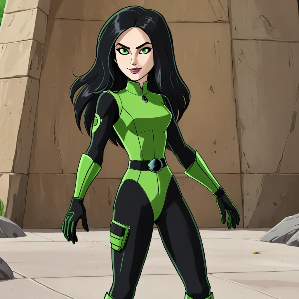 shego, 1girl, solo, long hair, black lips, black hair, green eyes, green bodysuit, green gloves,smile,  very long hair,, score_9, score_8_up, score_7_up, score_6_up, score_5_up, score_4_up, looking at viewer,outdoors, boots, full body,