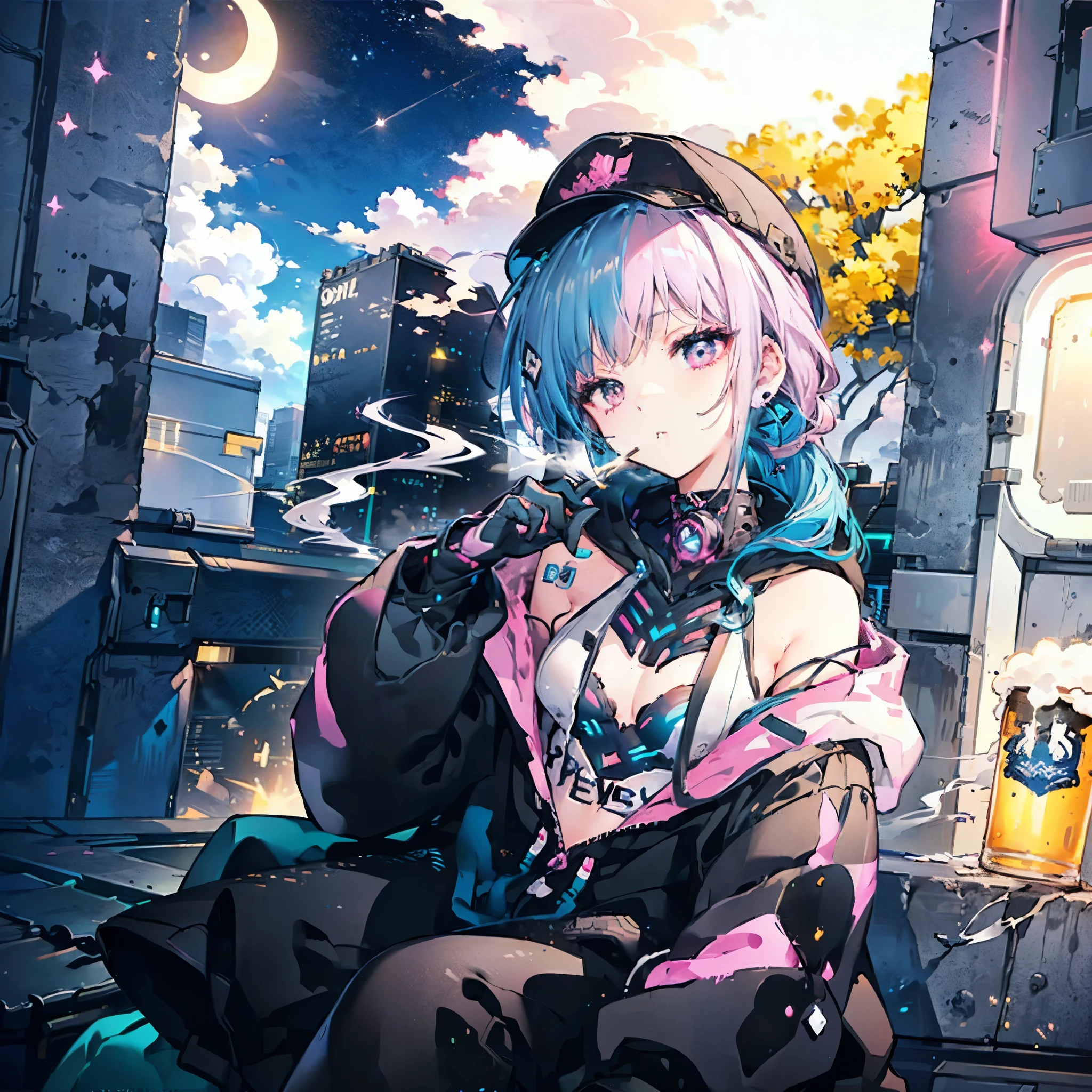 (((Neon color　pink and blue hair　ponytail　Wear a cap　Off-the-shoulder hoodie)))　((cyber punk　Earrings　Smoking alone　Empty beer cans　Rooftop　Night City))　(Shining Moon　Shining Background)