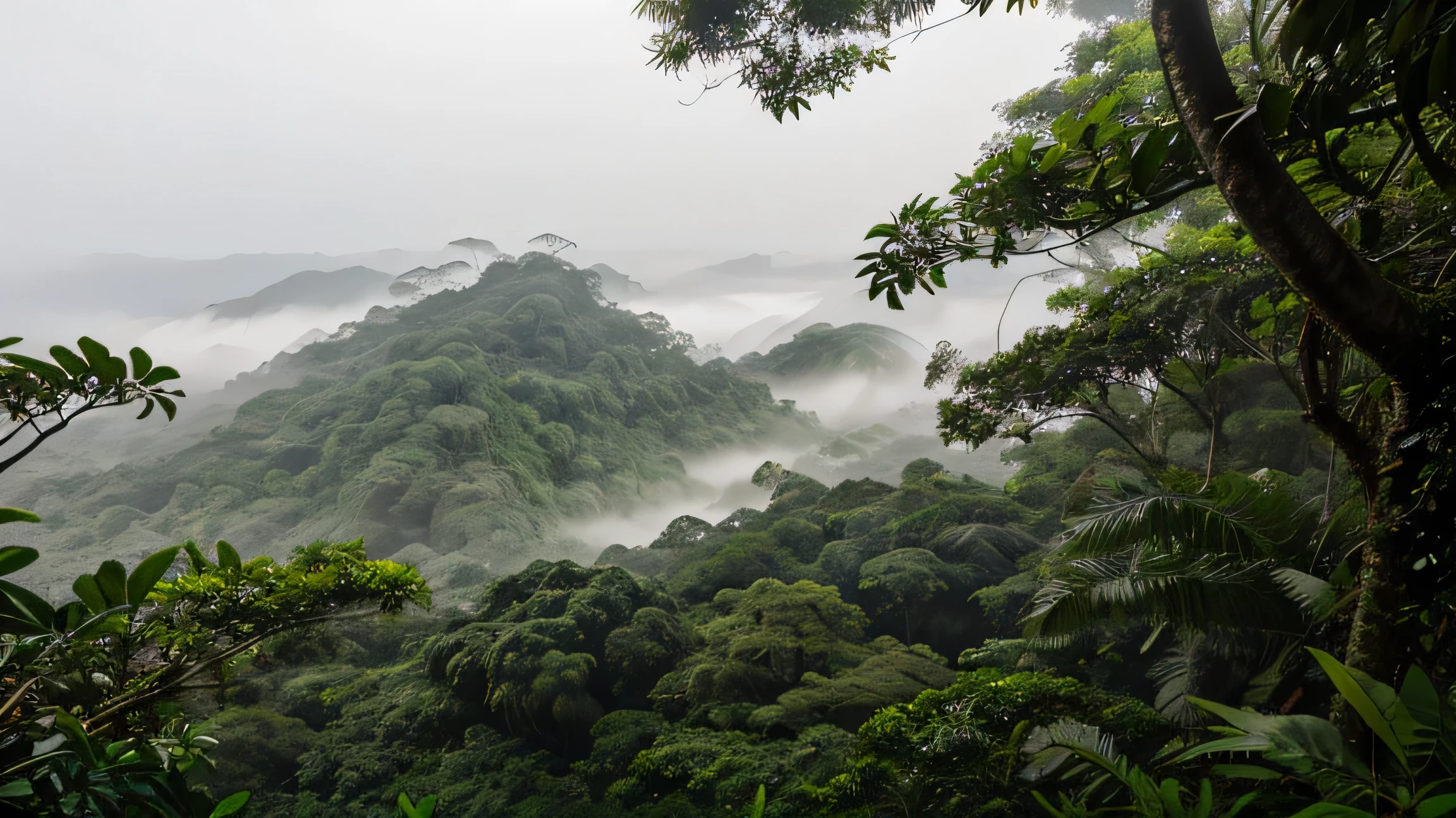 Rainy tropical rainforest jungle。A thin mist hangs over the place.。The viewpoint is about 170cm above the ground.