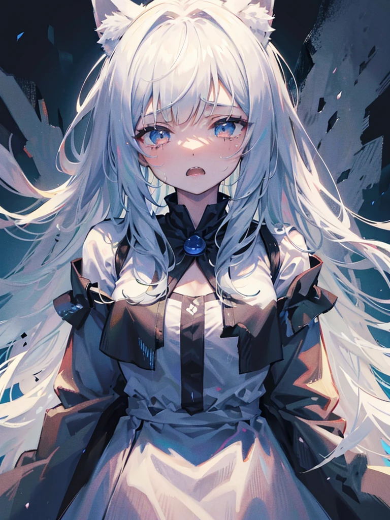 (masterpiece,highest quality,Super detailed),One girl,Open your mouth, Sharp teeth, tooth,Wolf Ears,Beautiful and elaborate face, Fine grain,View Viewer,,((gray theme),((depression, sadness, melancholy)),Tired look,sad,Swollen eyelids,((Very close up)),Are crying,dark cave in the background