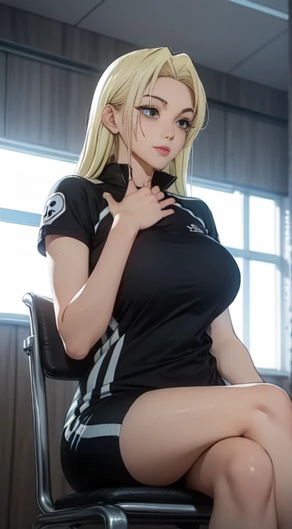 ((masterpiece, Best Quality, high resolution, Perfect Pixel, 8K))), 1 girl、slim thighs、full body seen、 ((Bangs、gorgeous blonde hairs、Long beautiful blonde hairs))、((Gorgeous black eyes、Beautiful eyelashes、Realistic eyes))、 ((Detailed face, Blushing:1.2))、((Smooth texture:0.75, Realistic texture:0.65, Photorealistic:1.1, Anime CG style))、Dynamic Angle、Perfect body、(Women Sports shorts、perfectly insanely detailed eyes、Background volleyball court、Volleyball uniform)、Perfect realistic representation of face、ultra realistic eyes、ultra insanely detailed eyes、(no-bra)、(sitting on a chair、legs crossed、beautifully crossed legs、perfectly crossed legs)、(beautiful portrait、very High quality、legs sweaty、ultra high definition、 insanely detailed face、ultra high quality、ultra high clarity、best quality)、insanely detailed dress、looking somewhere、realistic representation of a face、curvy body、sandals、white skin、Waving her hairs、sweaty uniform、glistening sweaty body、best image quality、best clarity、 highest resolution、8k resolution、ultra high resolution、beautiful smile、beautiful eyelashes、beautiful face、gorgeous representation of a face、curvy body、perfect body、full body posture、erect through、erotic face、glistening sweat、dynamic lightning、perfect body、dynamic lightning、 (innocent_big_eyes:1.0)、Bright_Front_face_Lighting、seen from front、shiny skin、bokeh:1.2、Full body shot、professional photograph、(Beautiful,large_Breasts:1.4)