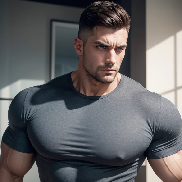 a very handsome adult man with blue eyes, with Mid fade haircut, massively muscular, with massively large muscles, with muscular body, wearing a dark gray shirt, unposed, seen up close