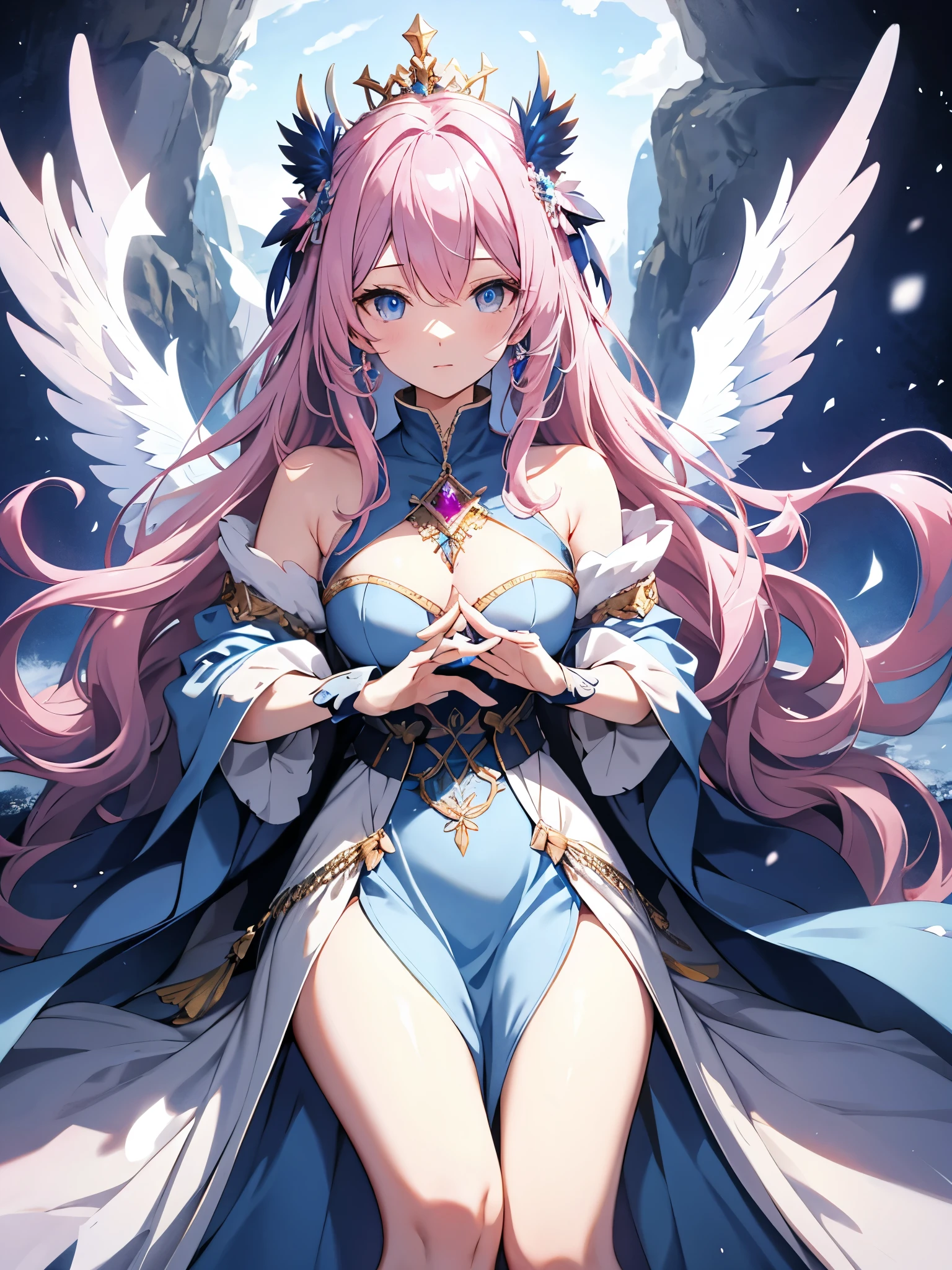 in a world of and snow,a lonely queen,She has pink and blue wavy hair and eyes,There are huge phoenix blue wings on the back,conservativelydressed,The gaze is cold,one hand holding sword(One man only)