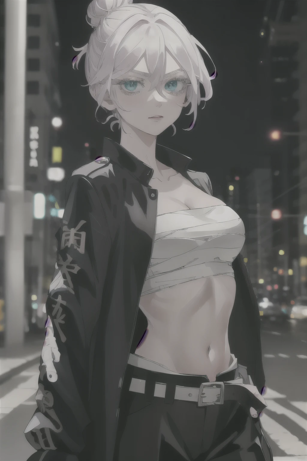 masterpiece, best quality, highres, 1girl, solo, short hair, white hair, hair bun, hair between eyes, colored eyelashes, aqua eyes, cleavage, sarashi, bandages, black jacket, open clothes, long sleeves, midriff, belt, black pants, standing, showing armpit, cowboy shot, outdoors, street, night