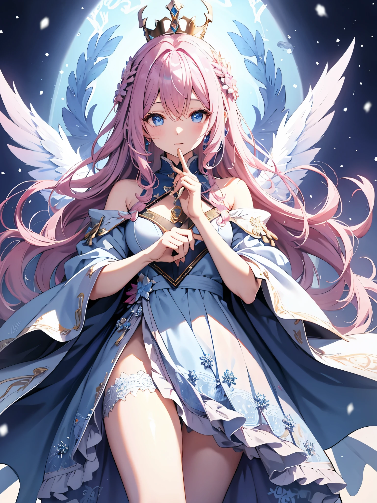 in a world of  and snow，a lonely queen，She has pink and blue wavy hair and eyes，There are huge phoenix blue wings on the back，conservativelydressed，The gaze is cold，one hand holding sword（One man only）