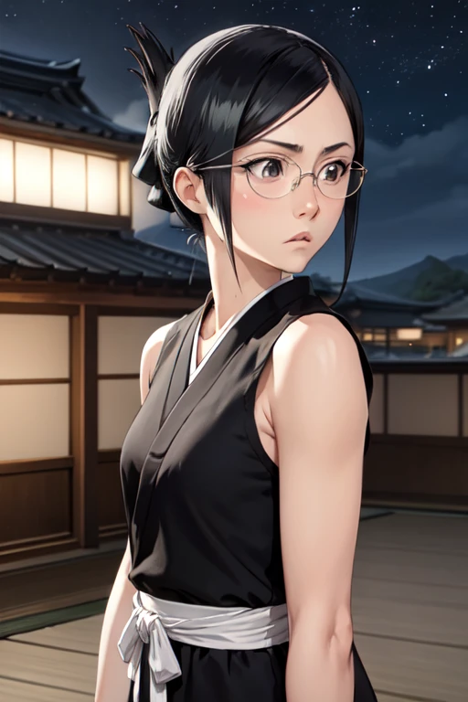 masterpiece, best quality, ise nanao, folded ponytail, glasses, black robes, sash, tanktop, upper body, japanese architecture, night sky, furrowed brow, from side