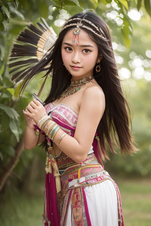  Indonesian young girl long black hair pretty face beautiful breast white skin, Wearing strapless Sleeveless Dayak traditional clothing complete with bird feather decoration on the head dancing in grass field, (high quality), (masterpiece), (detailed), 8K, Hyper-realistic, Bokeh, Full-Body Portrait, (Incredibly beautiful nature background:1.6), dynamic pose