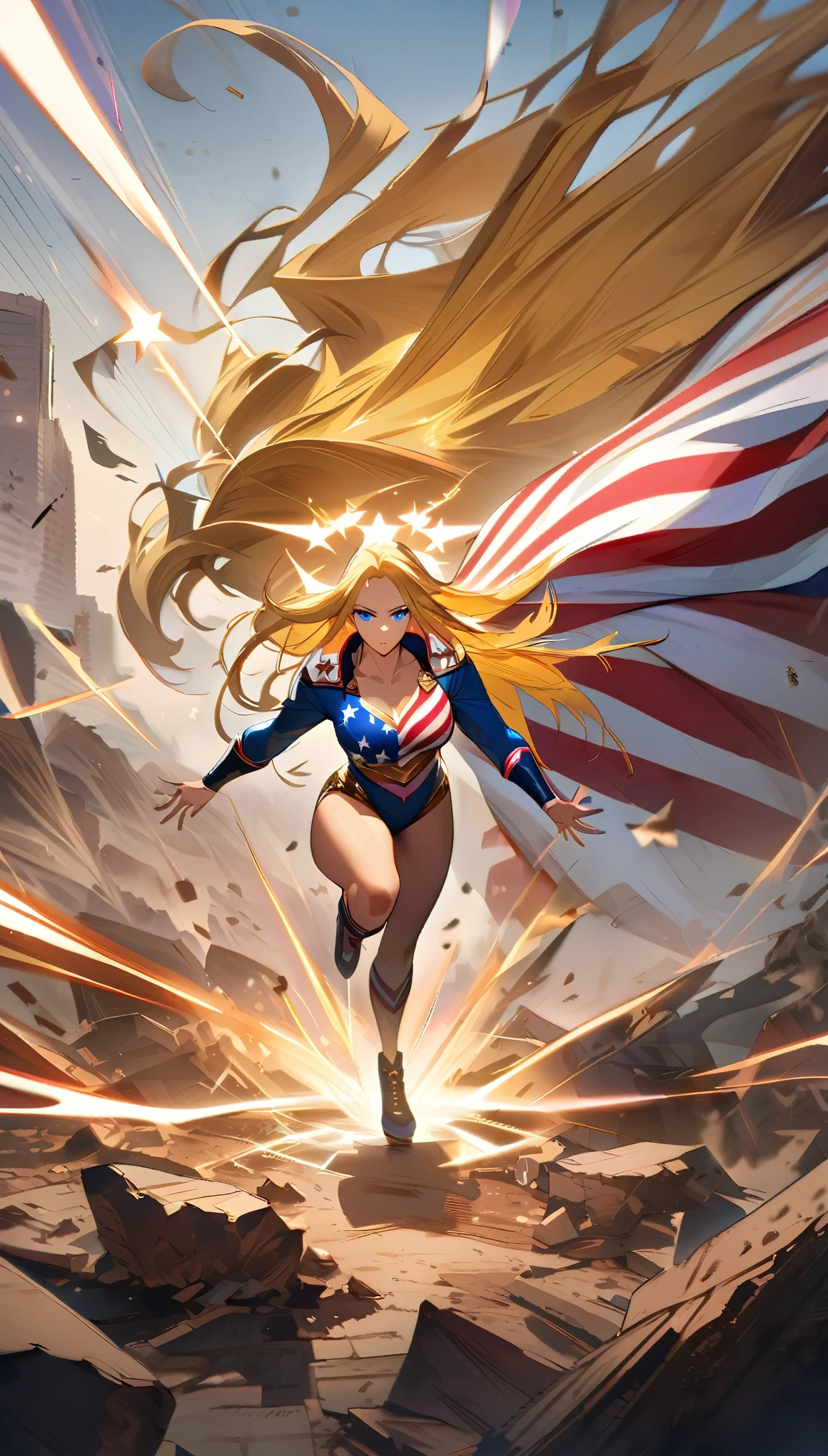 Portraiture, Long Hair, Gold Hair, Blue Eyes, One girl, head, face, Magical woman, Absurd, masterpiece, highest quality, American hero costume, ((wrestler woman)), short hair, Devastation, Remains, (Dynamic pose), Apocalypse, Spell casting, Style-Glass, Full Body Shot, Star and Stripe