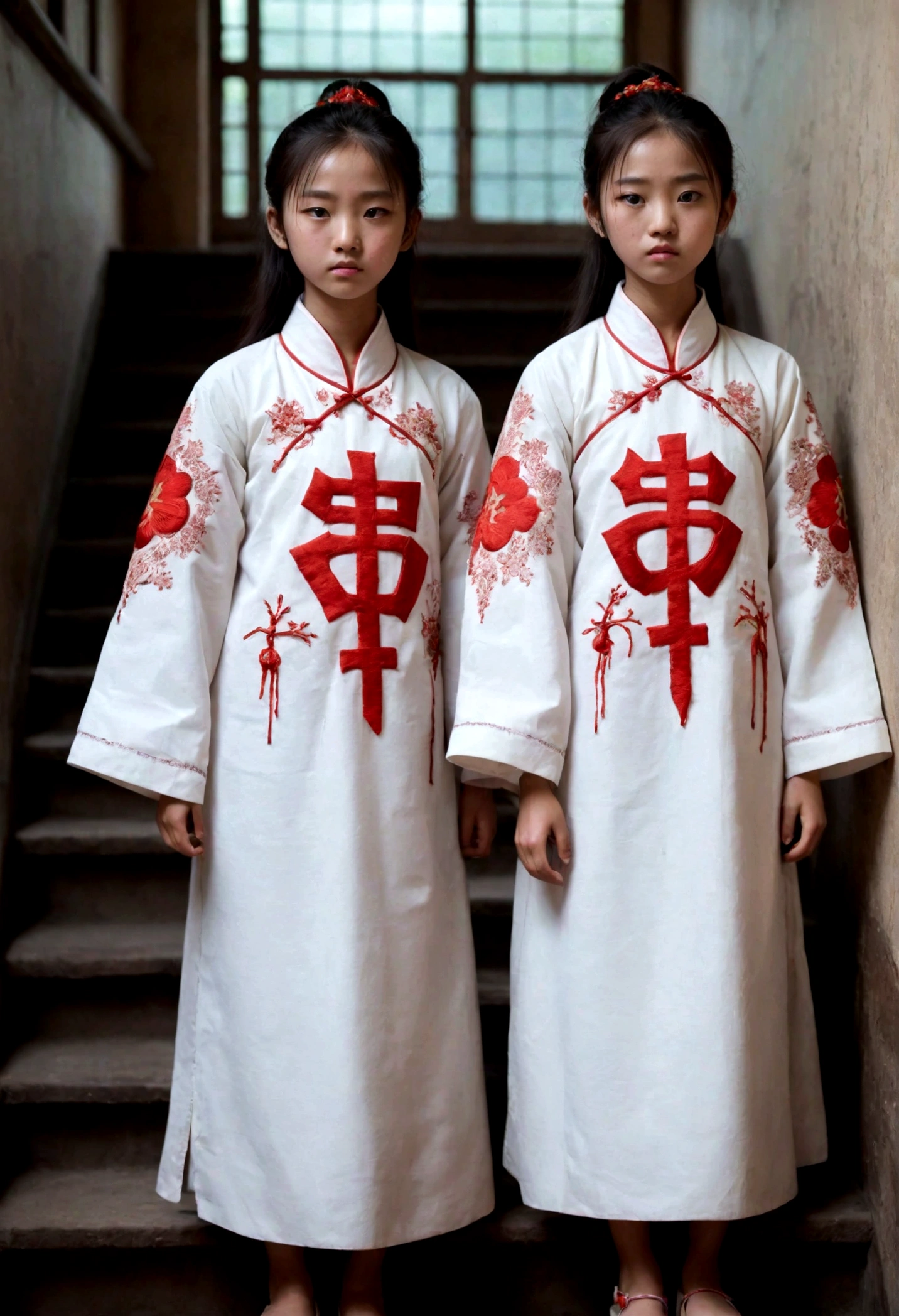 Two age girls go upstairs, Wear Chinese embroidered clothing,Extensive ulceration of the girl's skin,Blood donation oozes,Bleeding from seven holes,There are maggots crawling on the body