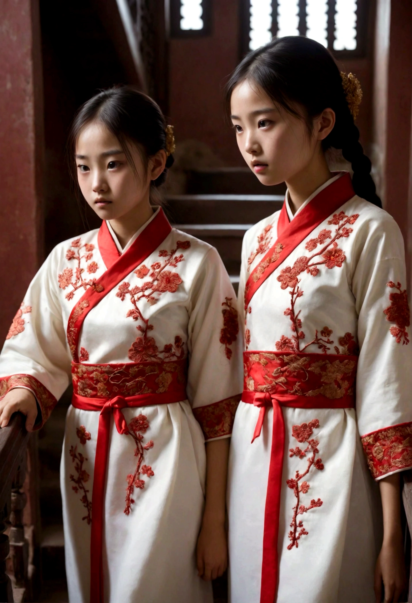 Two girls go upstairs, Wear Chinese embroidered clothing,Extensive ulceration of the girl's skin,Blood donation oozes,Bleeding from seven holes,There are maggots crawling on the body