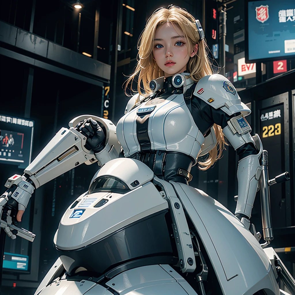 Highest image quality, outstanding details, ultra-high resolution, (realism: 1.4), the best illustration, favor details, highly condensed 1girl, with a delicate and beautiful face, blonde hair , dressed in a white and blue police mecha, wearing a mecha helmet, police tactical vest, tactical harness.holding a pistol, riding on a cybernetic police walking mech, cyberpunk city background is a high-tech lighting scene of the future city.