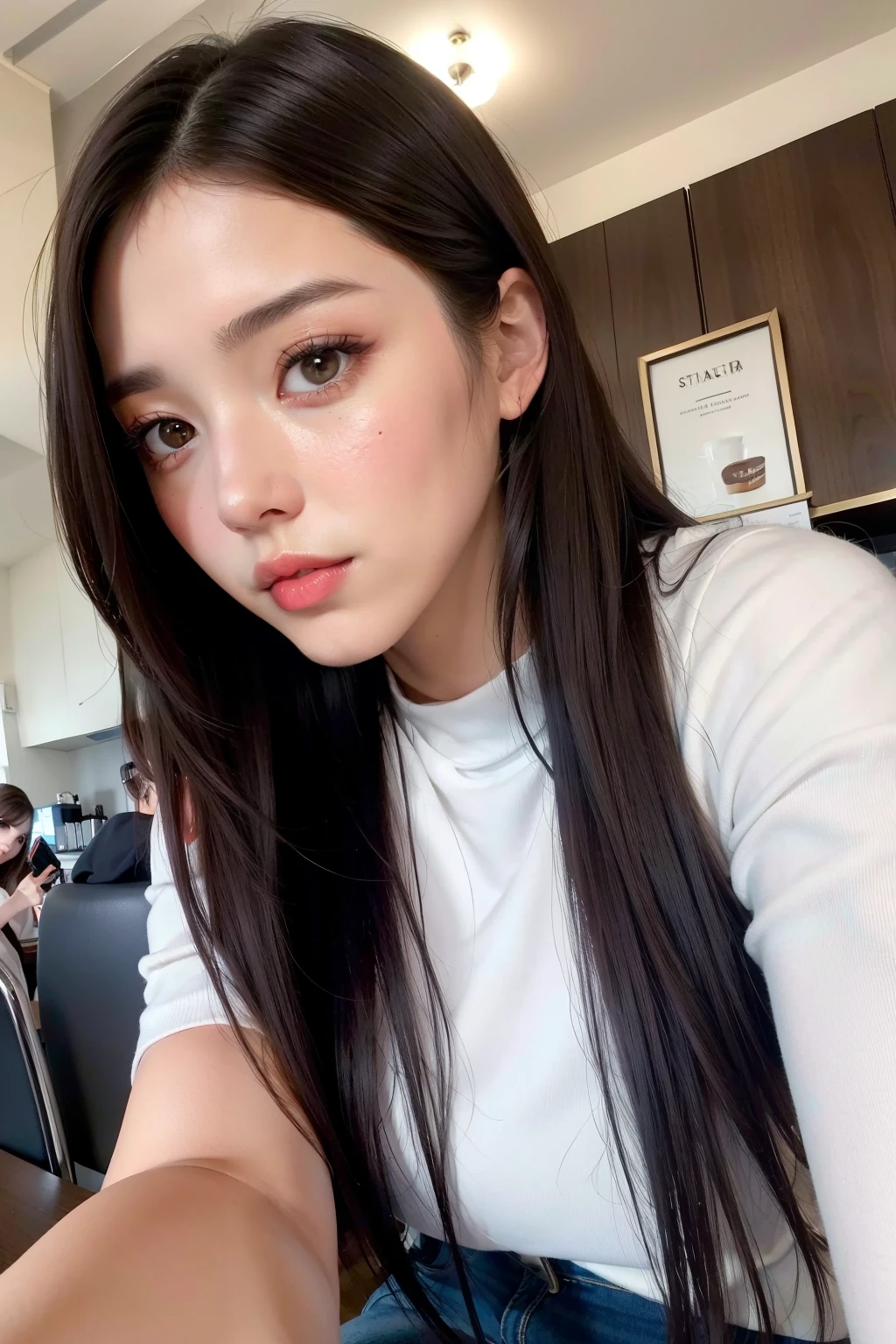 (8K, 4K, best quality, high resolution, ultra high resolution: 1.1), (masterpiece, realist, fotorrealist: 1.1), 1 woman, way, Panorama, number of collections, dark brown hair, brown eyes, pink lips (looking at viewer: 2), ridiculously long hair, long eyelashes, eye shadow, trivial face, big eyes, bare shoulders, high contrast, sit in the cafeteria, A Starbucks coffee on the table , look at me in the picture , sexy,