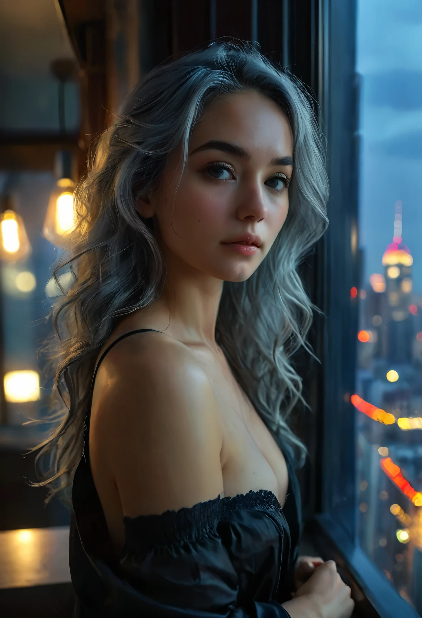 (best quality,4k,8k,highres,masterpiece:1.2),ultra-detailed,(Ultra-realistic, photorealistic,photo-realistic:1.37),a beautiful woman in a high-rise apartment, looking out the window at the night city skyline, her cyan eyes and bright gray hair framed by the city lights, a serene expression on her detailed, expressive face, dramatic lighting, (best quality,4k,8k,highres,masterpiece:1.2),ultra-detailed,(realistic,photorealistic,photo-realistic:1.37),portrait,cityscape,interior,window,city lights,highlights,dramatic lighting,cinematic