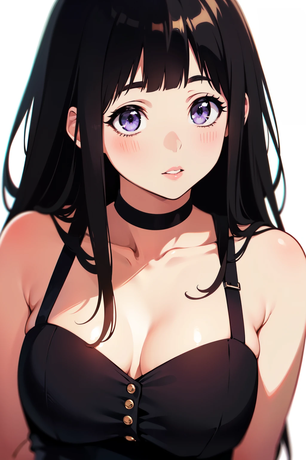 (A superb exquisite Chitanda Eru), mature face, solo, (finely detailed beautiful eyes: 1.2), purple eyes, long black hair, natural straight hair, straight bangs, [Small_breasts: large_breasts: 0.5], normal breasts, open breasts, extremely delicate, peerless beautiful girl, dreamy quality, exaggerated facial features, solid color, realistic shadows, delicate face, bright lips, slender waist, straight curves, super fine, ((Best Quality, 8K, Masterpiece: 1.3)), white background, blush, IDOL, sleeveless dress