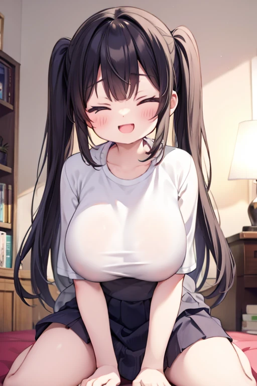 T-Shirts、4-year-old、、he is short、Extremely large breasts、Huge breasts、full body、closed eyes smile、Open your mouth、room