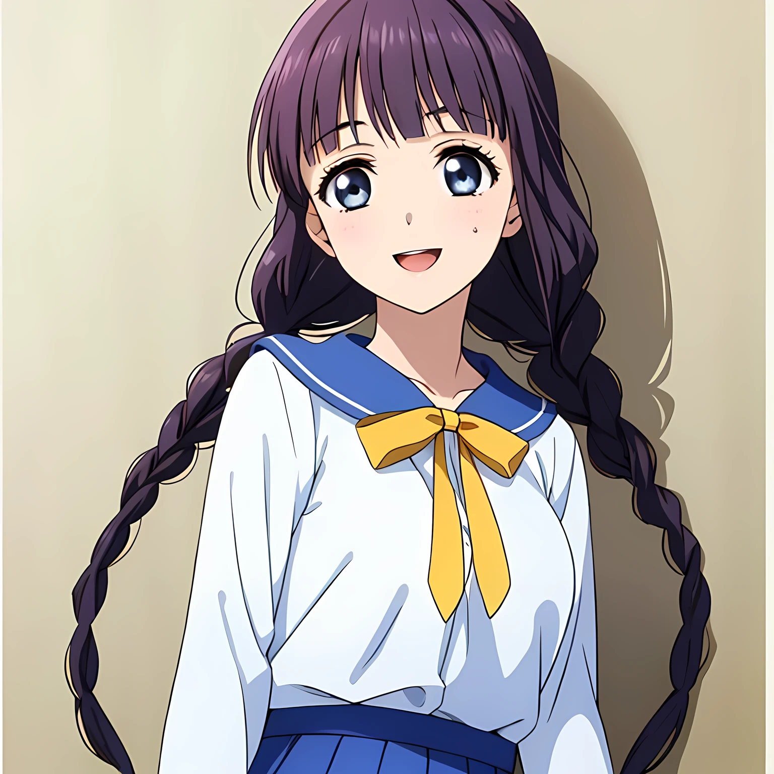 (highest quality, masterpiece:1.2), highest quality, High resolution, 1080p, 8K, Height: 158cm, Anime-style CG, ((A beautiful girl, the game heroine, is smiling and looking proudly.)), A face that everyone loves, Glossy lips, Even bangs, Double, Long eyelashes on both the top and bottom, Smiling blue eyes, The very large and thick yellow ribbon bowtie is very cute., ((Black Hair)), ((long twin braids)), ((A long, neat, dark navy pleated skirt)), (((A cream-colored long-sleeved winter sailor uniform))), cream sleeves, Cream colored blouse, Smiling, slightly open mouth like a game heroine, Ribbon in hair, Tight waist, (((The background is a blank white wall))), ((The wind blowing upwards is only shaking my bangs)), The ribbon is big and very pretty.