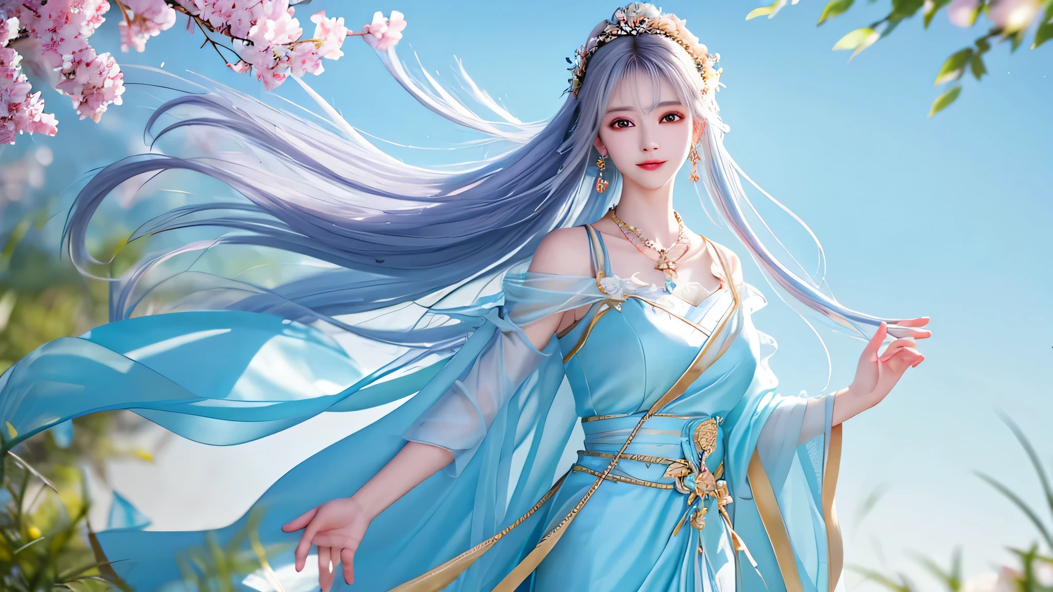 Female swordsman cross-legged on the cliff, v6, necklace, earrings, full body v6, long gray hair, transparent clothes, visible, wonderful, light blue silk ribbon draped over her long flying shoulders in the wind, ultra-high resolution, RAW photo, 1.25 realism), face (lip gloss, long, smooth eyelashes), bright skin, natural shadow, wide light, wide light, depth of field, strong color, delicate corrosiveness: 0.8), smile, (large), v6