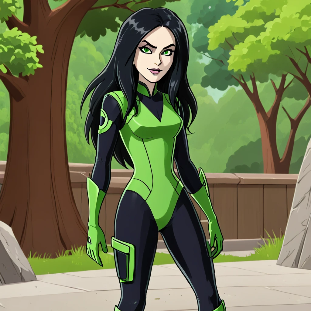 shego, 1girl, solo, long hair, black lips, black hair, green eyes, green bodysuit, green gloves,smile,  very long hair,, score_9, score_8_up, score_7_up, score_6_up, score_5_up, score_4_up, looking at viewer,outdoors, boots, full body,