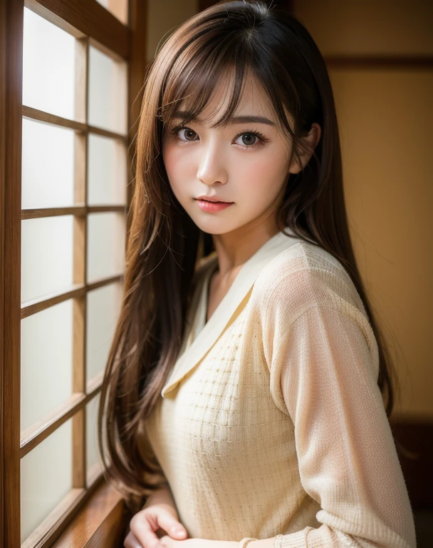 highest quality, Face Focus, Soft Light, Ultra-high resolution, (Realistic:1.4), RAW Photos,
1 Japanese girl, alone, cute, (pupil, Light in your eyes),  Beautiful face in every detail, (Small box),(High resolution detail of human skin texture),
(Long Hair),
indoor,
Damask Shirt Dress,
(Portraiture)