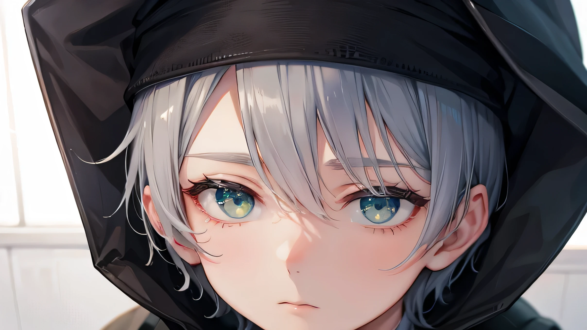 a detail close up person, a genuine gray-haired boy with a gloomy face without a pale expression wearing black headband sitting in the corner of the wall, looking up with a dead gaze looking at the point view but his green eyes are covered by his hair, sunlight shines in from the side darken the other side