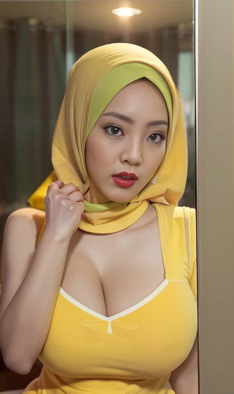 Half body portrait of a 33 years old malay woman sit in front of giant mirror, wearing hijab, wearing yellow mustard leotard with satin green slack, narrow waist, indoor shot, looking up at coffee shop sign, soft lighting, smirk face, circle bokeh , big breast, catwalk, morningtime, surrounded by a comfortable, cool atmosphere, looking at the viewer. (Skin details:1.3), hairy hands, Hijab, slim, red lips, seductive with bokeh camera background