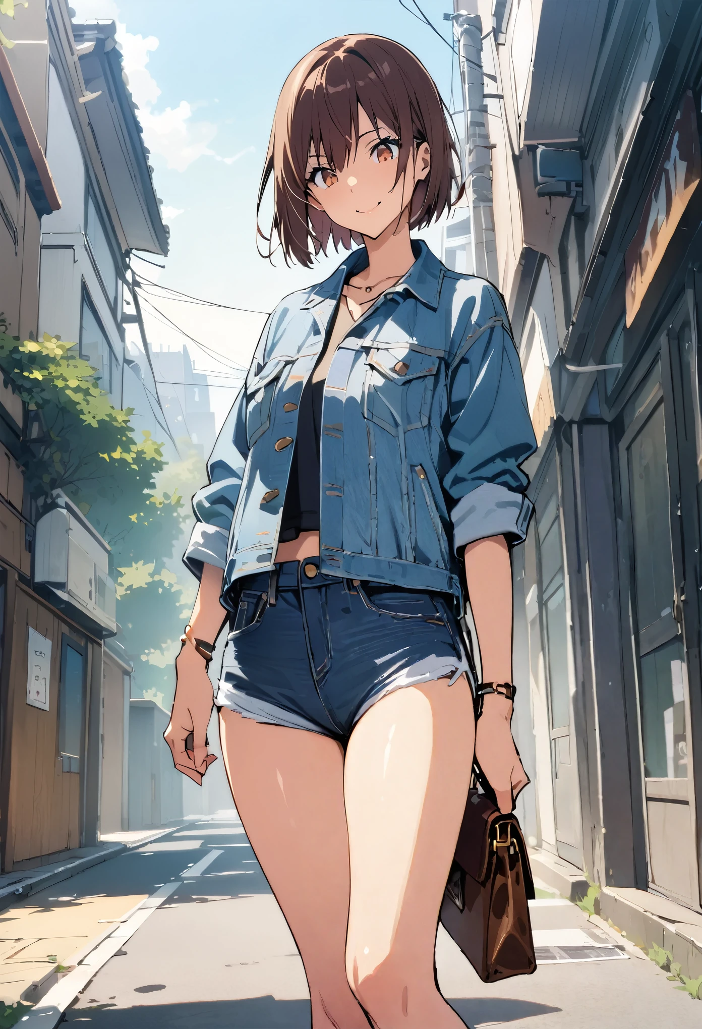 takeda hiromitsu style, (((masterpiece, highest quality,absurdres))),cowboy shot,20 year old beauty,solo,((very small head)),short bob hair,bangs,dark brown hair,brown eyes,smile,medium breasts,((very long body)),((slender body)),skinny,gleaming skin,shiny skin, ,(Denim Jacket、Denim shorts),on street,Tokyo、