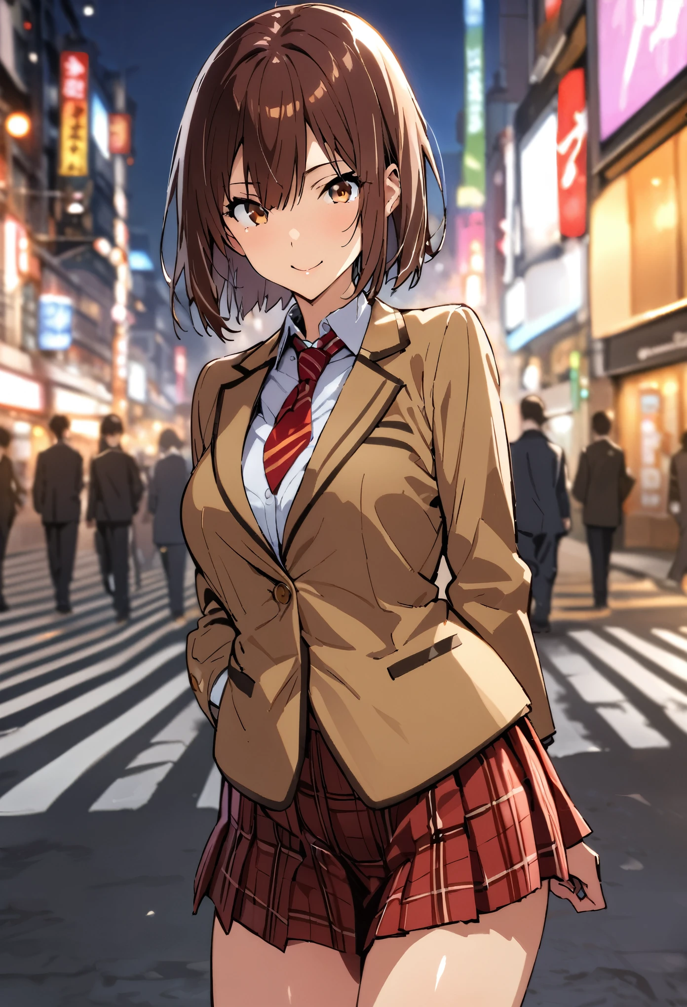 takeda hiromitsu style, (((masterpiece, highest quality,absurdres))),cowboy shot,20 year old beauty,solo,((very small head)),short bob hair,bangs,dark brown hair,brown eyes,smile,medium breasts,((very long body)),((slender body)),skinny,gleaming skin,shiny skin, ,(School uniform、brown blazer jacket、Red checkered pleated mini skirt),on street,Tokyo、