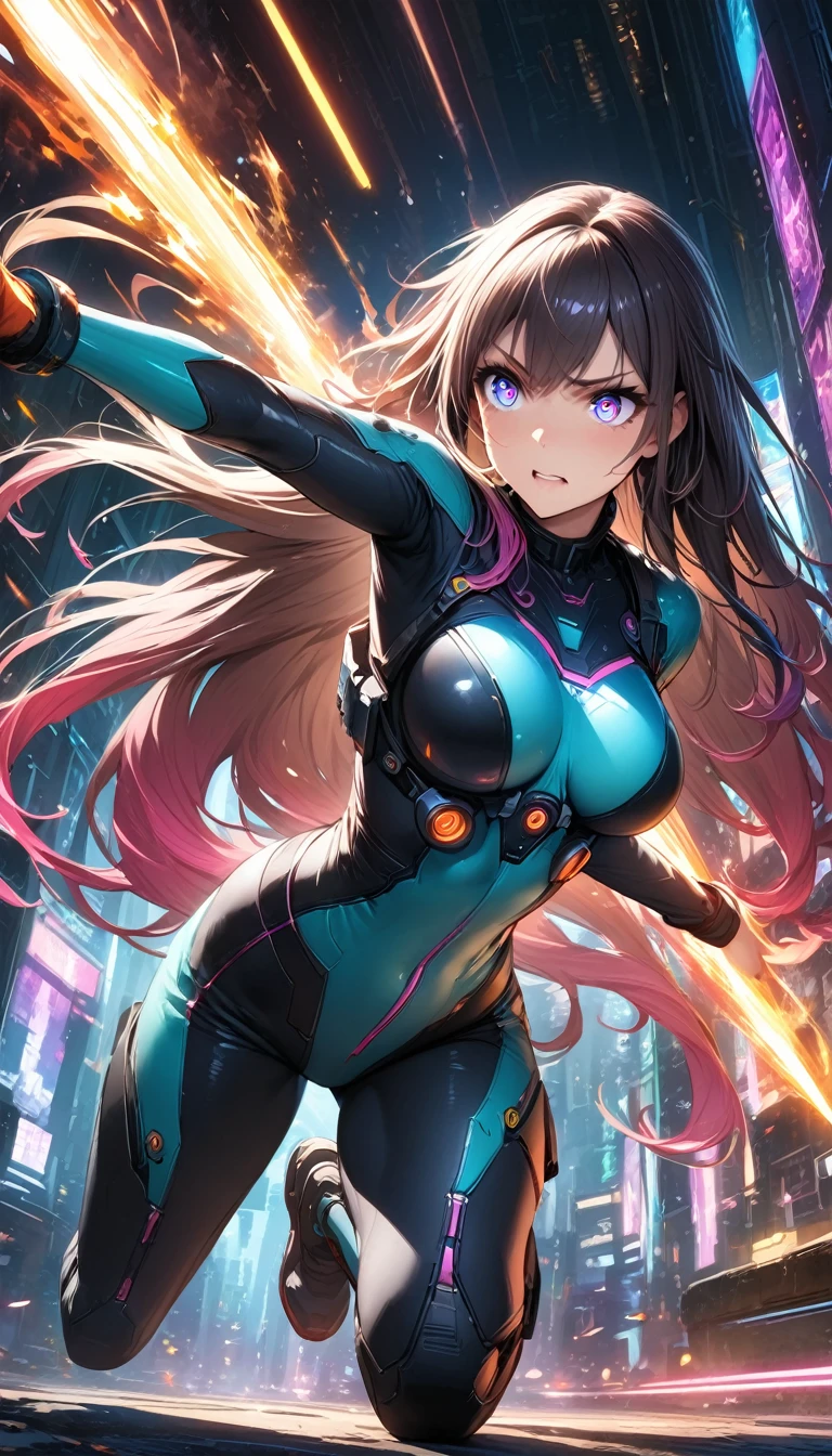 (masterpiece:1.4), (highest quality:1.4), (ultra detailed:1.5), best quality, hdr, High resolution, extremely detailed, A beautiful woman wearing a sleek body-hugging combat suit in a cyberpunk setting, beautiful face, (((detailed eyes))), She has striking features, intense expression, long flowing hair, gradient hair, intense combat pose, mid-leap, one leg extended forward and the other bent beneath her, with one arm outstretched, firing a high-tech weapon that emits a bright, colorful energy beam. Her other arm is positioned defensively. 
